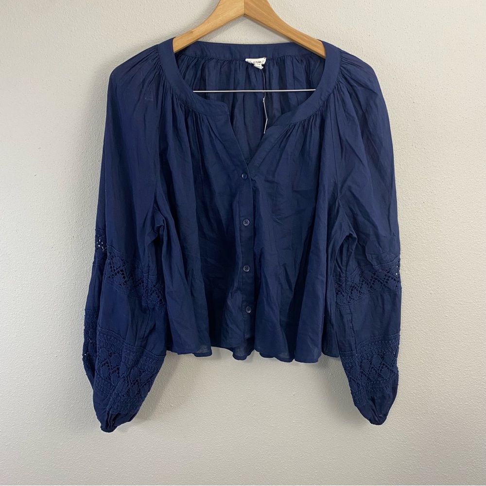 Aerie Long Sleeve Crochet Button Down Shirt Navy Blue‎ Women’s Size Medium NWT